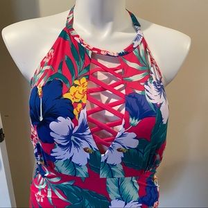 Floral straps high neck swimsuit
